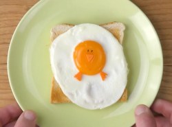 Osterfrühstück: Ein Küken aus Ei auf einem Toast auf einem grünen Teller.