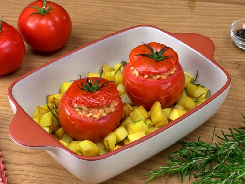 2 Tomaten mit Risotto-Füllung in der Auflaufform. Daneben 2 weitere Tomaten, eine Serviette, ein Bund Rosmarin und Schalen mit Pfeffer und Salz.