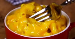 Mac-and-Cheese-Pasta in einer Tasse, in die eine Gabel hineingesteckt wird.