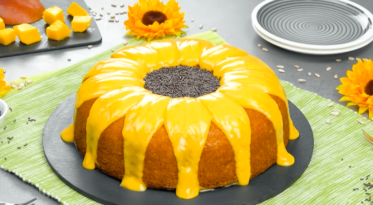 Sonnenblumen-Kuchen mit Brigadeiros und Mangocreme