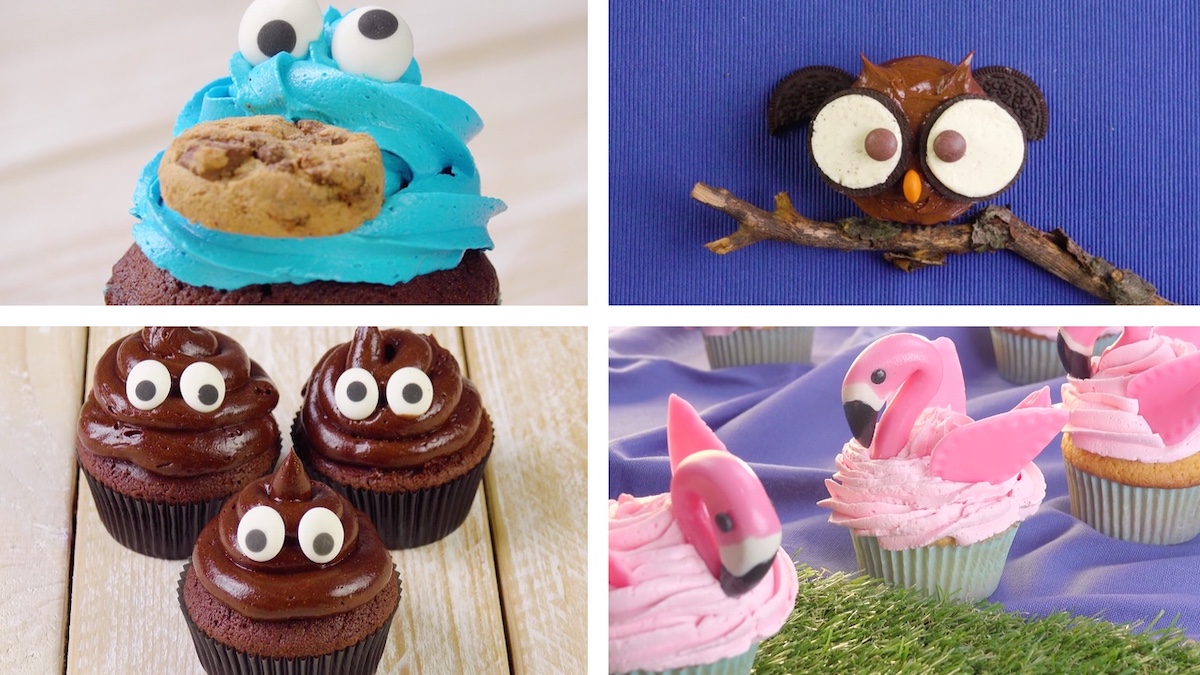 4 Bilder von niedlchen Cupcake-Verzierungen. Oben links das Krümelmonster, rechts oben eine Eule, links unten Cupcakes, die aussehen wie ein Kothaufen, und rechts unten Flamingo-Muffins.