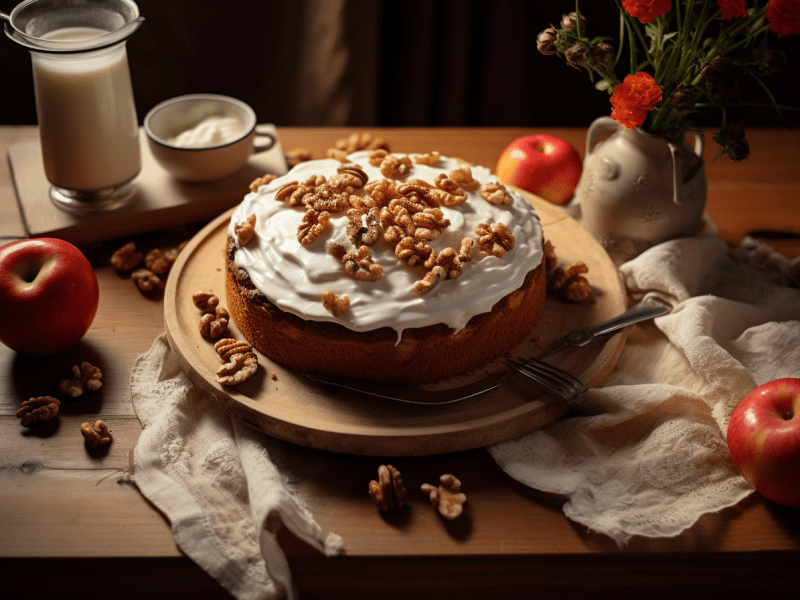 Ein goldbrauner, tierfreundlicher Apfelkuchen, serviert auf einem Holzbrett mit veganer Schlagsahne. Im Hintergrund liegen Äpfel und weitere Zutaten.