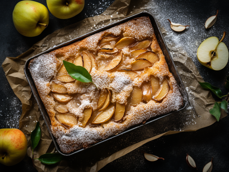 Versunkener Apfelkuchen vom Blech, dekoriert mit Puderzucker.