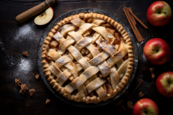 Gedeckter Apple Pie: Ein runder Kuchen mit einer oberen und unteren Teigschicht, in dem Apfelstücke eingeschlossen sind. Midjourney: Dieses Bild wurde mit der Hilfe einer KI erstellt.
