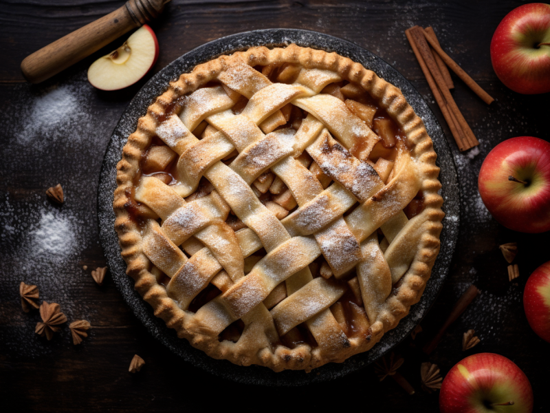 Gedeckter Apple Pie: Ein runder Kuchen mit einer oberen und unteren Teigschicht, in dem Apfelstücke eingeschlossen sind. Midjourney: Dieses Bild wurde mit der Hilfe einer KI erstellt.