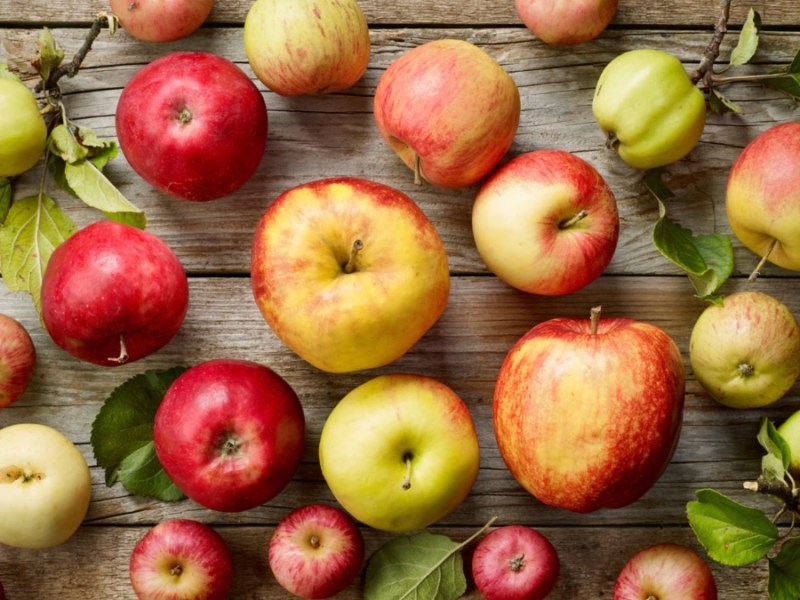 Bunte Äpfel verschiedener Sorten auf einem Holzuntergrund.