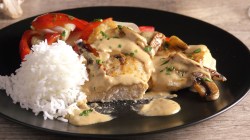 Eine Portion Parmesanhühnchen mit cremiger Champignon-Tomatensoße und Reis auf einem schwarzen Teller.