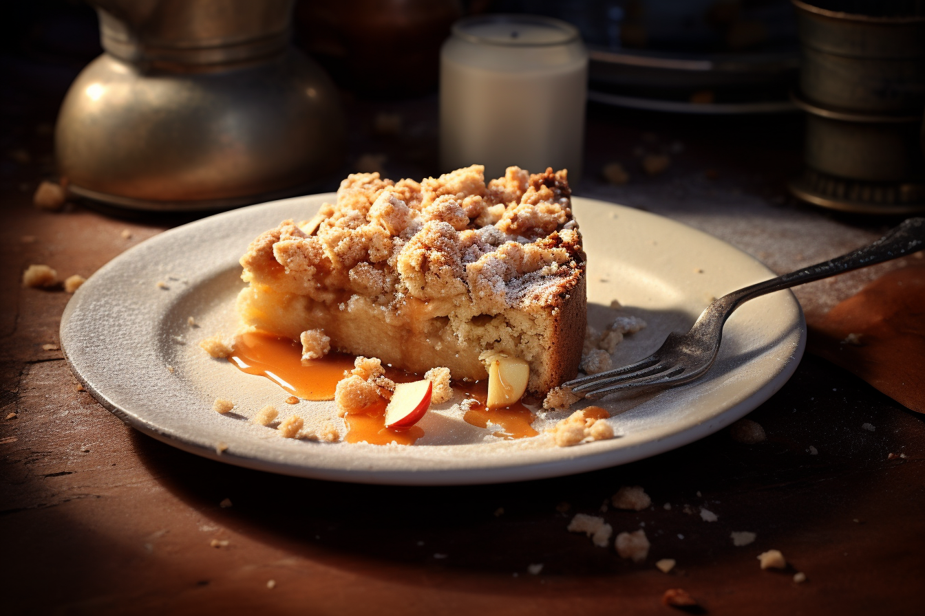 Apfel Streuselkuchen: Ein goldbrauner Kuchen mit groben Streuseln an der Oberseite und eingebackenen Apfelscheiben, serviert auf einem Porzellanteller.