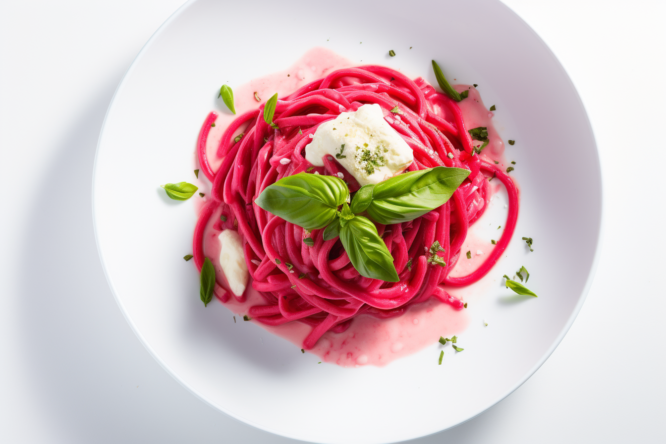 Pink Pasta / Rote Bete Pasta: Cremige, rosafarbene Pasta auf einem weiÃŸen Teller, garniert mit frischem Basilikum.