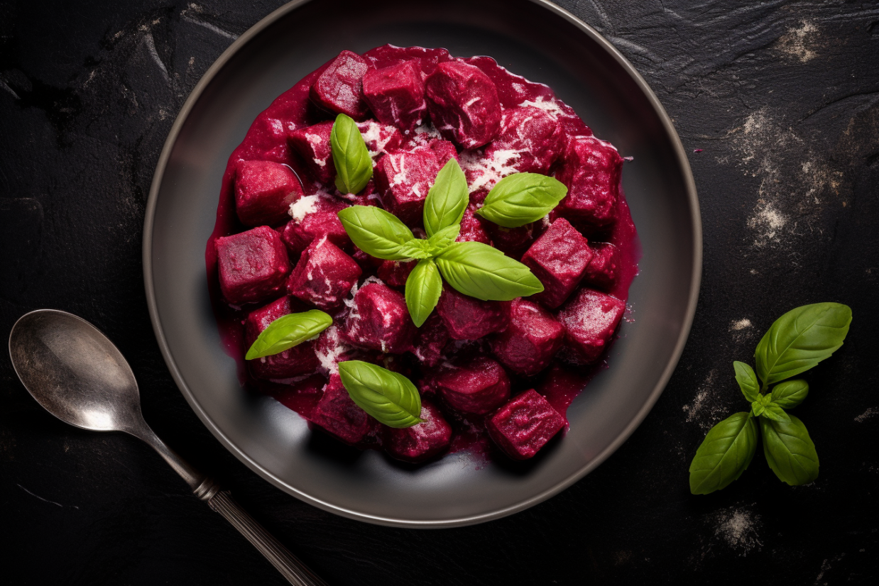 Rote-Bete-Gnocchi: Selbstgemachte Gnocchi aus Roter Bete und Kartoffeln, serviert mit brauner Butter und SalbeiblÃ¤ttern.