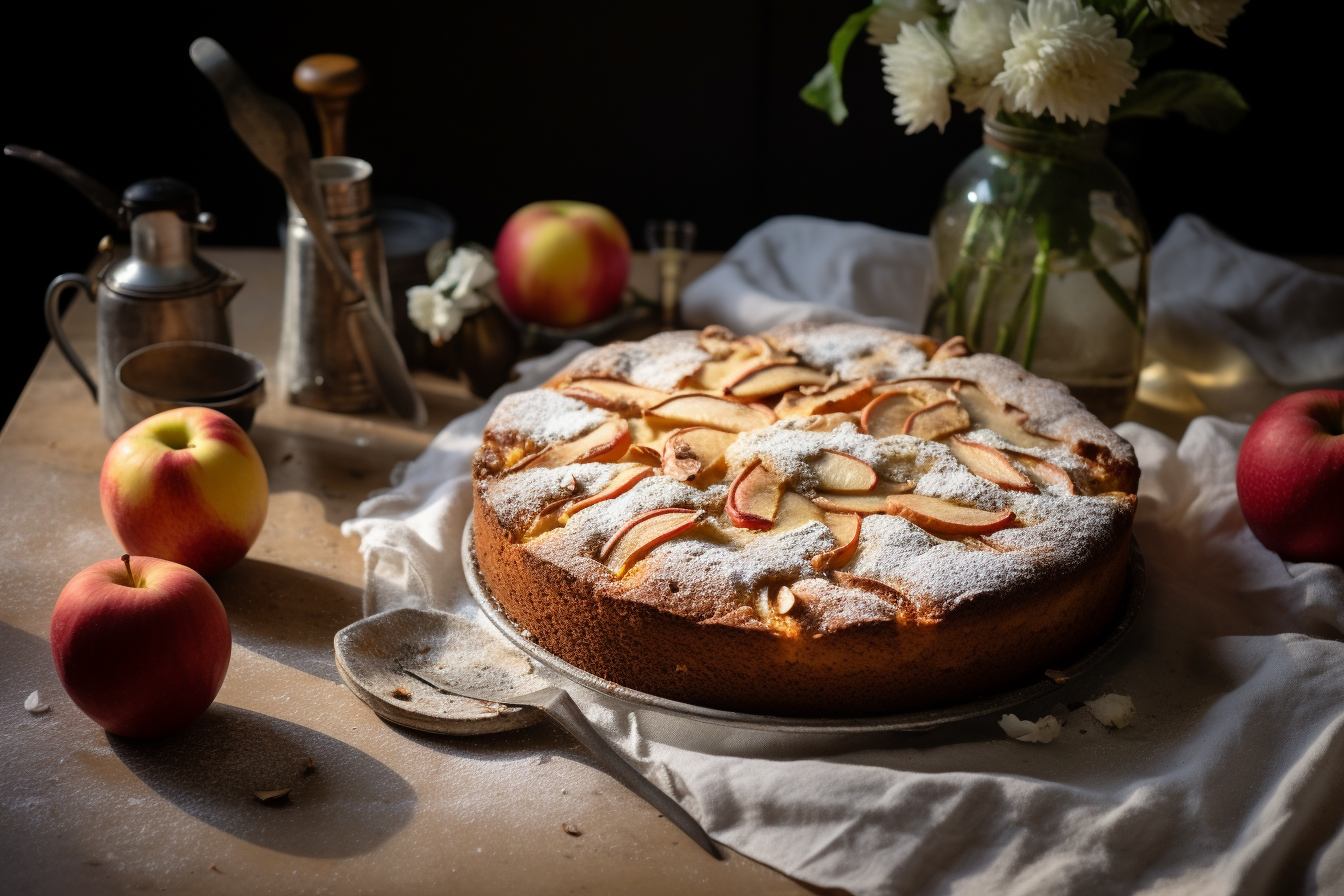 Saftiger Apfelkuchen: Ein feuchter Kuchen mit reichlich ApfelstÃ¼cken, serviert auf einem Teller mit einem Klecks Sahne.