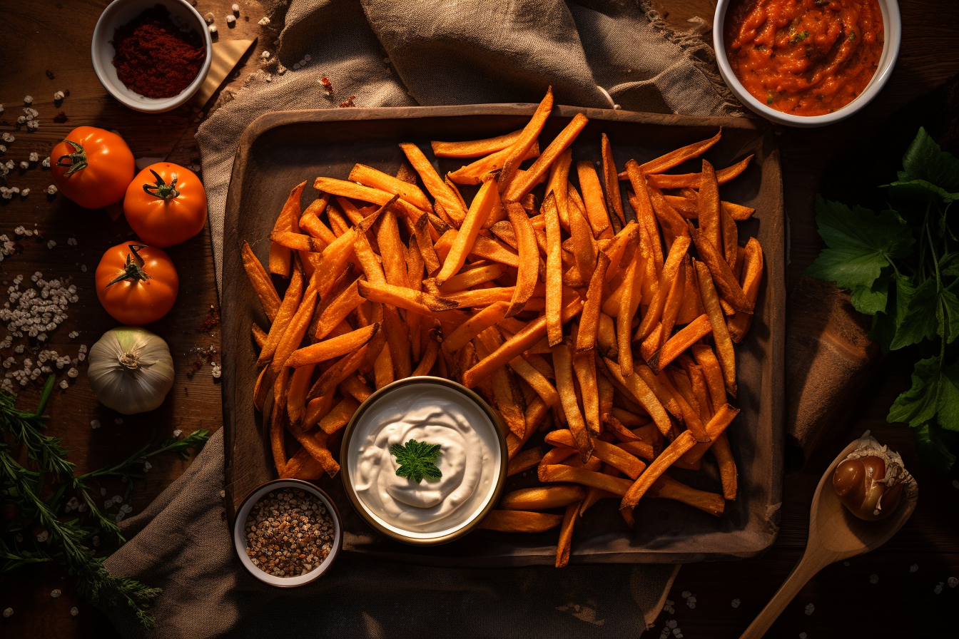 SÃ¼ÃŸkartoffel Pommes: Knusprige, orange Pommes auf einem Servierbrett mit einem Dip nach Wahl.
