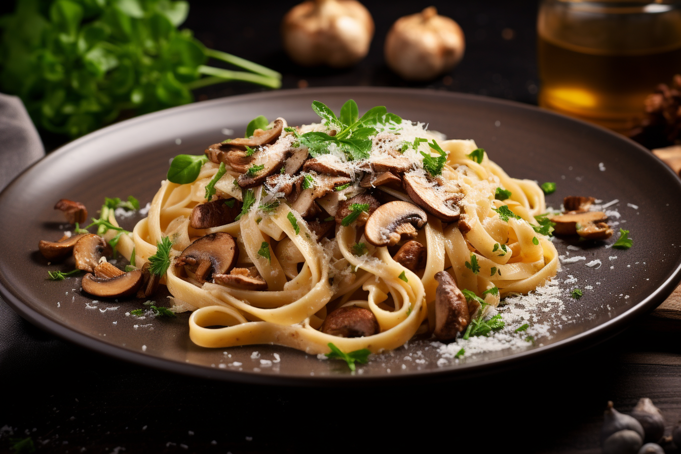 Tagliatelle mit Steinpilzen: Flache Pasta-Nudeln auf einem Teller, gemischt mit sautierten Steinpilzen, Knoblauch und Petersilie.