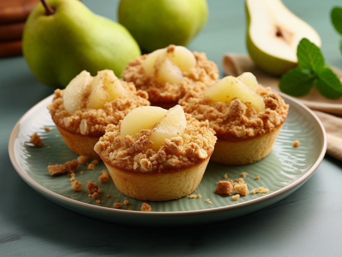 Mehrere Birnen-Streusel-Muffins liegen auf einem Teller. Im Hintergrund sind Birnen zu sehen.