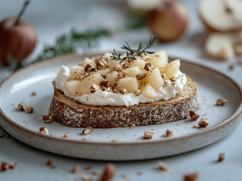 Ein Bratapfel-Toast mit Frischkäse und Apfelscheiben belegt auf einem Brett, dahinter frische ganze Äpfel.