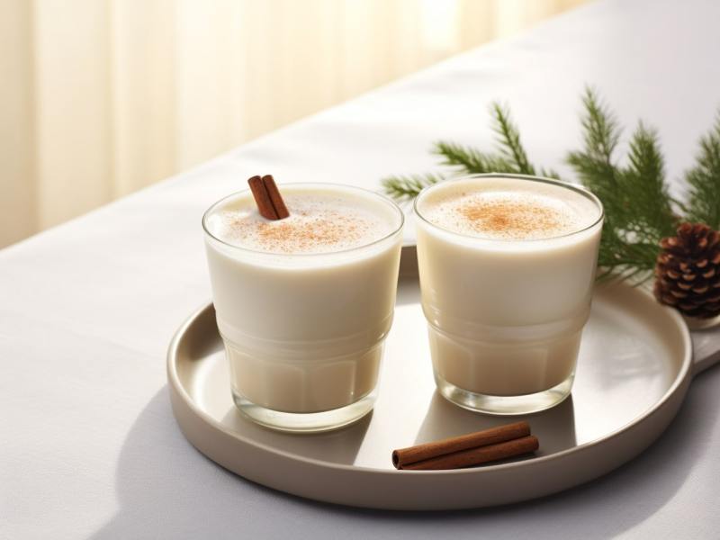 Eggnog Latte: Ein weihnachtlicher Eggnog Latte, verziert mit einer Prise Muskatnuss und Zimt, serviert in einer großen, robusten Tasse, begleitet von traditionellem weihnachtlichem Gebäck auf einem kleinen Teller daneben.