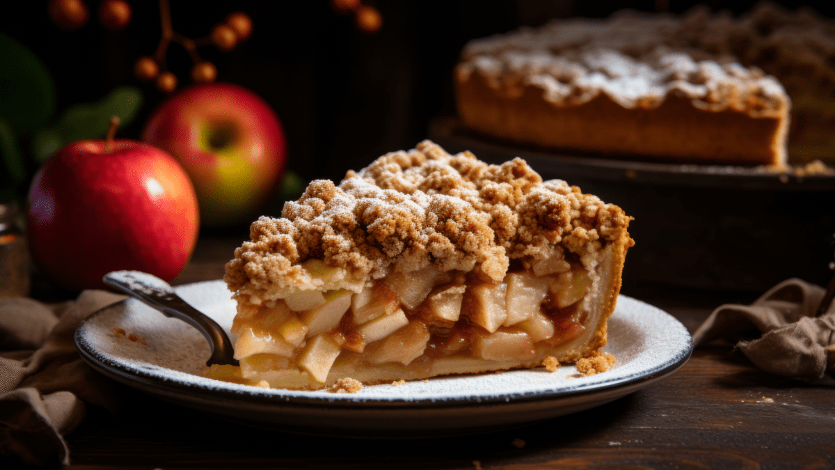 Ein StÃ¼ck hollÃ¤ndischer Apfelkuchen auf einem Teller