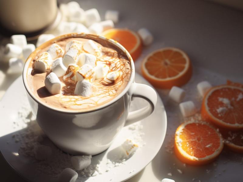 Eine heiße Schokolade mit dem Geschmack von Weihnachten, versehen mit Orangenaroma und Zimt, gekrönt von geschmolzenen Marshmallows, serviert in einer Tasse, die von weihnachtlichen Orangenschalen umrandet ist.