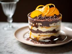 Schoko-Orange-Trifle: Schokoladiger Brownie, zerkleinert und geschichtet mit einer Orangen-Curd-Creme und dunkler Schokoladenganache, gekrönt von einer Schicht aus geschlagener Orangenschokoladensahne und dekoriert mit kandierten Orangenschalen.