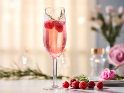 Tipsy Rudolph: Ein elegantes Flötenglas, das mit seiner rosa Flüssigkeit für eine festliche Färbung gefüllt ist, garniert mit frischen Himbeeren und einem Rosmarinzweig, der an ein kleines Feuerwerk erinnert.