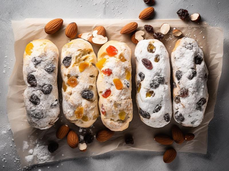 Stollenkonfekt mit Marzipanfüllung: Kleine Stollenbissen, gefüllt mit süßem Marzipan, umhüllt von Puderzucker und verziert mit getrockneten Früchten, perfekt zum Kaffee.