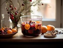 Eine große, durchsichtige Punschschale, gefüllt mit rotem Wein, Brandy und winterlichen Früchten wie Orangen, Äpfeln und Cranberrys, garniert mit Zimtstangen und Sternanis.