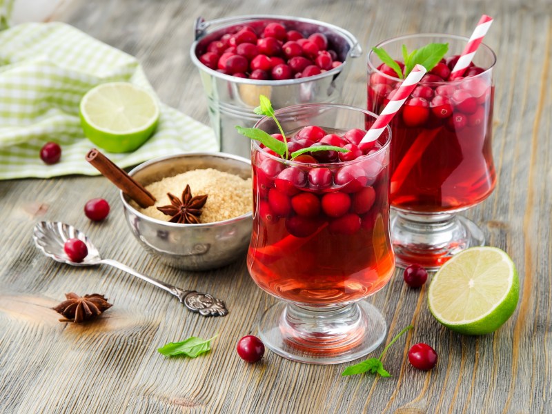 2 Gläser Cranberry Paloma mit Cranberrys und Strohhalm, drumherum Zutaten wie Zucker, Cranberrys, Anis und Zimtstangen.