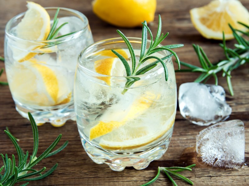 2 Gläser Gin Tonic Spritz mit Eiswürfeln, Zitronenspalten und Rosmarin.
