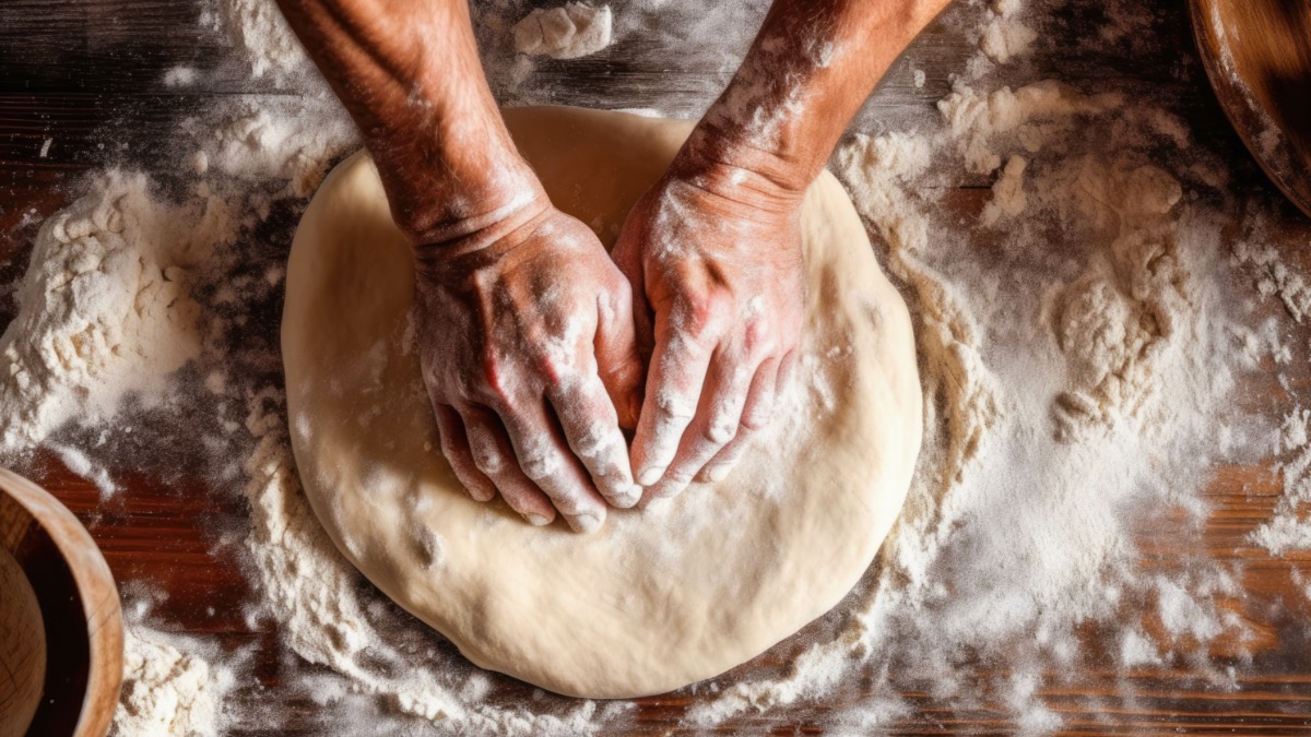 Pizzateig wird mit den Händen auf einer bemehlten Arbeitsfläche geknetet.