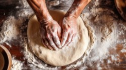 Pizzateig wird mit den Händen auf einer bemehlten Arbeitsfläche geknetet.
