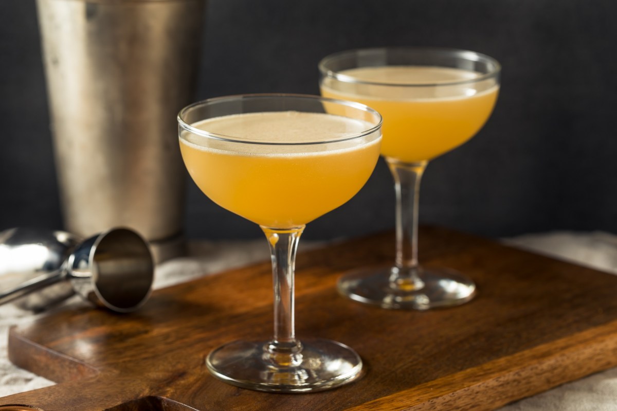 2 Gläser Italian Martini auf einem Brett, daneben ein Cocktailshaker und ein Bar-Messbecher.