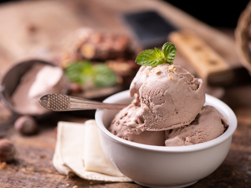 3 Kugeln Nutella-Eis aus dem Glas in einer Dessertschale, garniert mit einem Minzblatt.