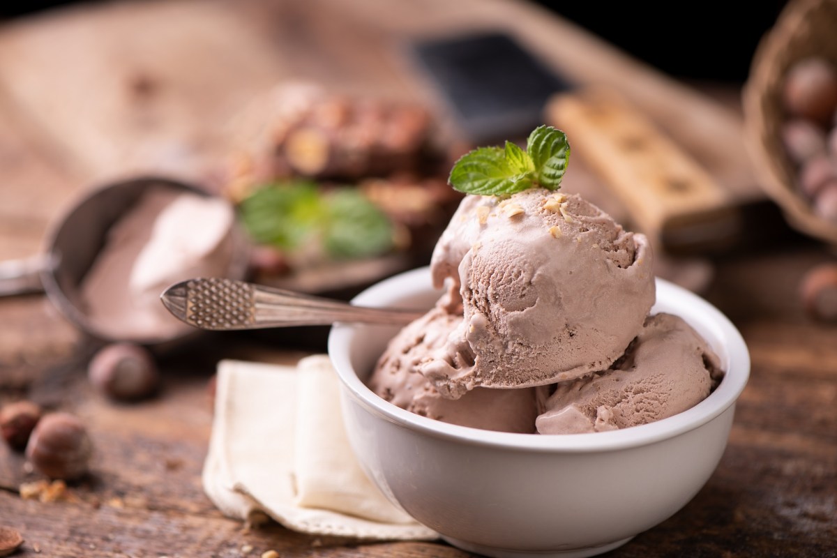 3 Kugeln Nutella-Eis aus dem Glas in einer Dessertschale, garniert mit einem Minzblatt.