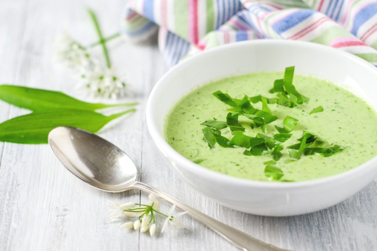 Schüssel mit Bärlauchsuppe, Löffel und Bärlauchblätter auf hellem Tisch