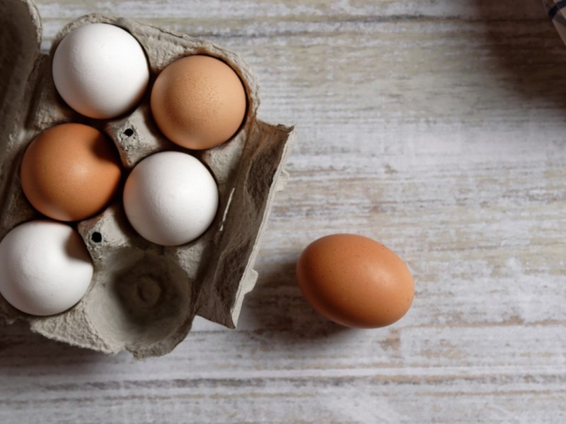 Jeden Tag Eier essen: Ein Eierkarton mit 5 weißen und braunen Eiern. Ein braunes Ei liet daneben.