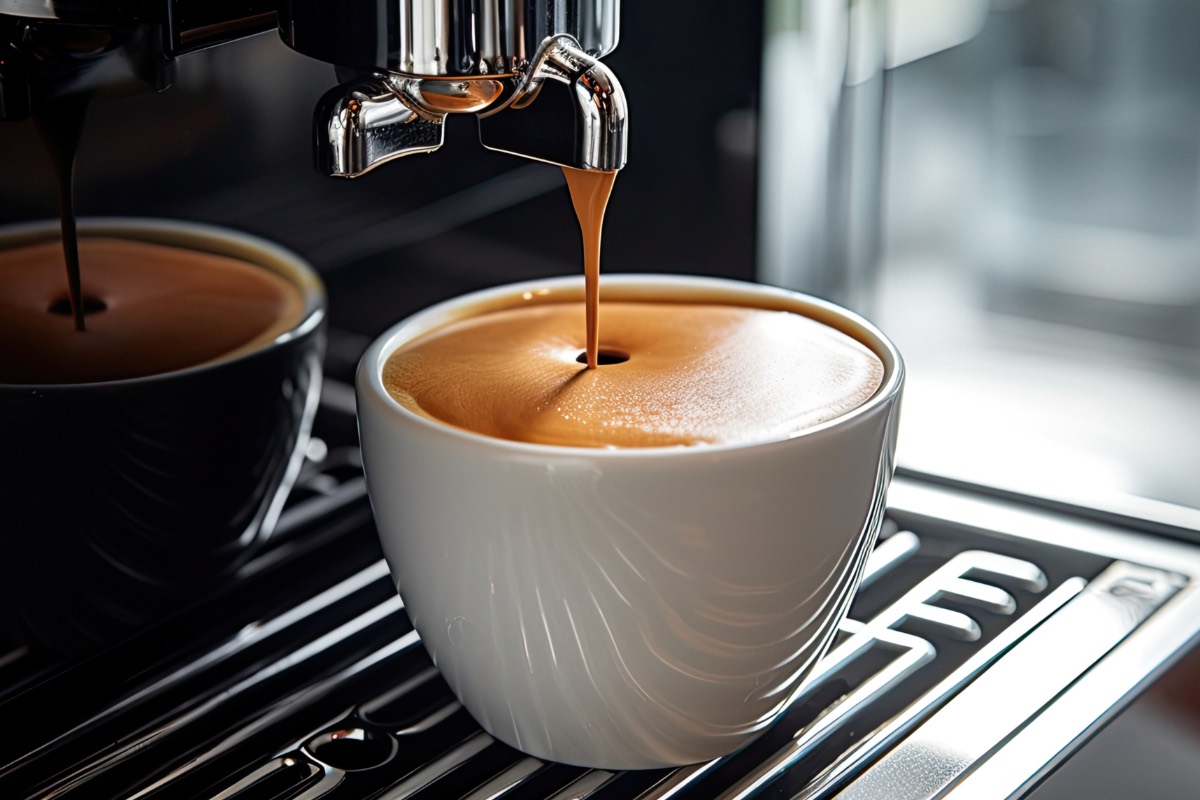 Wie viele Tassen Kaffee am Tag: ein Café Crema wird mit einer Siebträger-Kaffeemaschine zubereitet.