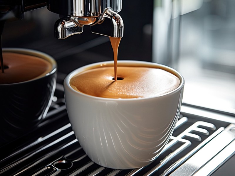 Wie viele Tassen Kaffee am Tag: ein Café Crema wird mit einer Siebträger-Kaffeemaschine zubereitet.
