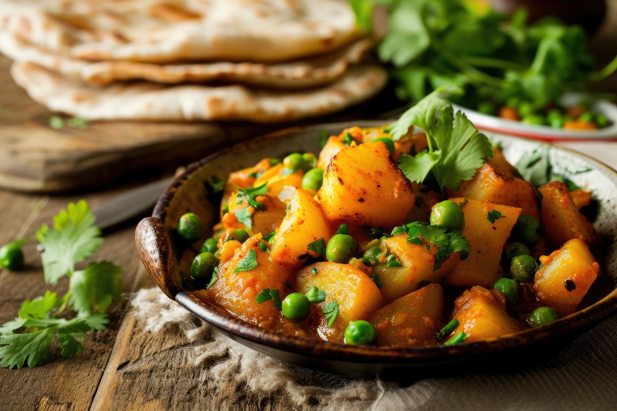 Gusseiserne Pfanne mit Kartoffel-Curry und Naan-Brot auf Holztisch