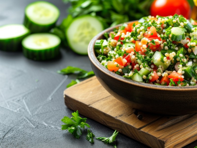 Schale mit Petersiliensalat, Tomaten und Gurke auf Holzbrett und dunklem Untergrund