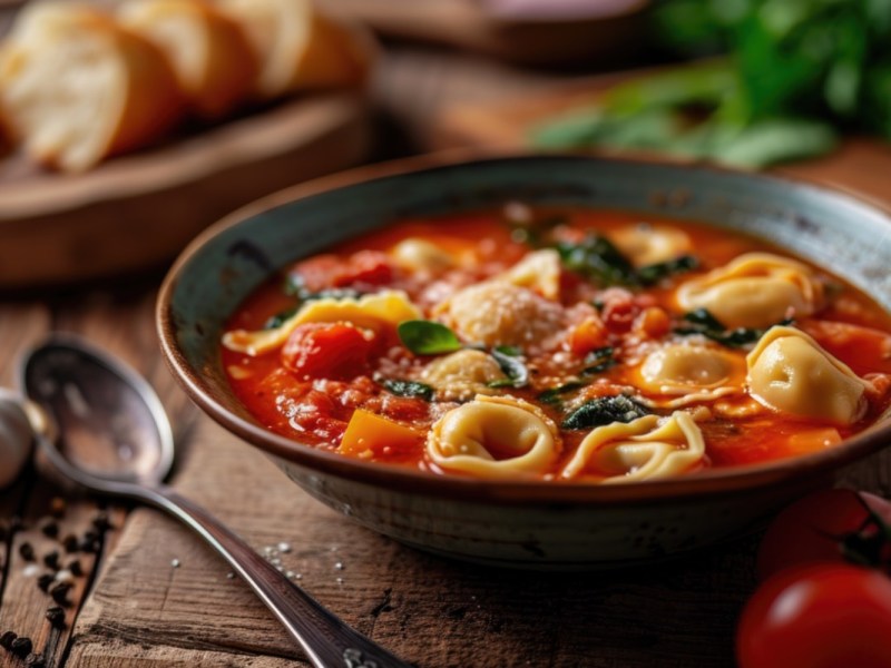 Eine Schüssel Tortellini-Eintopf mit Hackfleisch. Im Hintergrund ist frisches Baguette-Brot zu sehen, links daneben liegt ein Löffel.