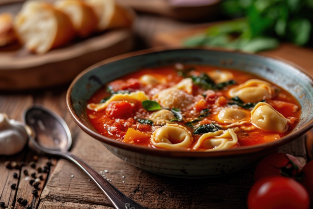 Eine Schüssel Tortellini-Eintopf mit Hackfleisch. Im Hintergrund ist frisches Baguette-Brot zu sehen, links daneben liegt ein Löffel.