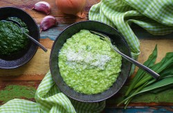 Ein Teller mit Bärlauch-Risotto mit Bärlauch, Knoblauch daneben