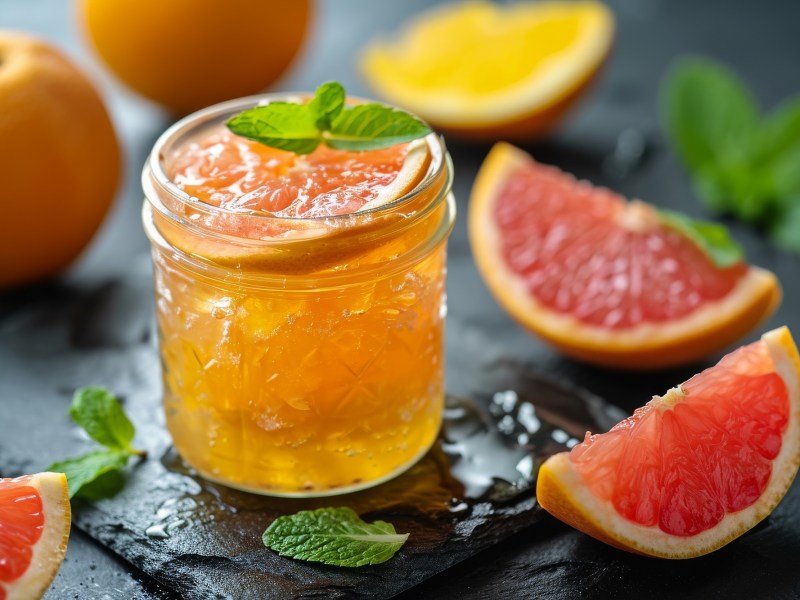 Ein Glas mit Grapefruit-Aperol-Marmelade und Grapefruitstücken daneben