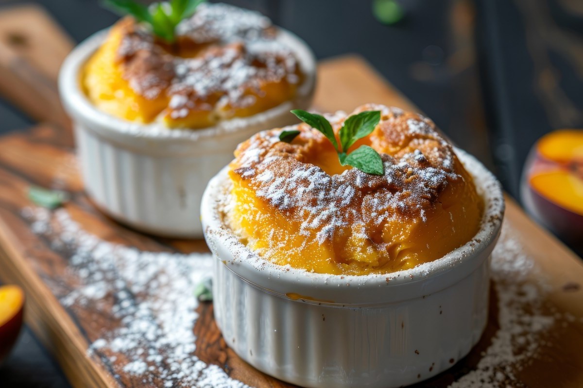 Zwei Grießsoufflés mit Puderzucker in kleinen Auflaufformen.