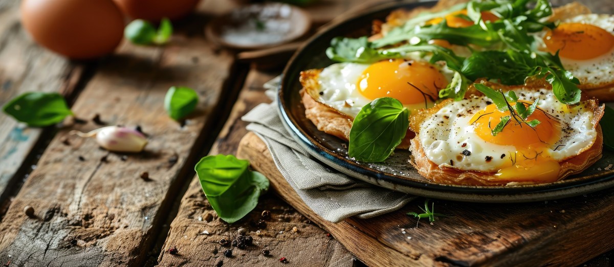 Teller mit spanischen Knoblauch-Eiern, mit Petersilie bestreut auf Holztisch.