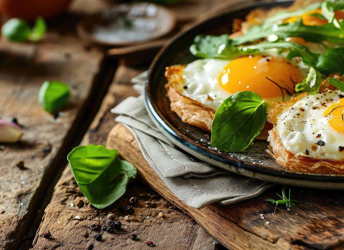 Teller mit spanischen Knoblauch-Eiern, mit Petersilie bestreut auf Holztisch.