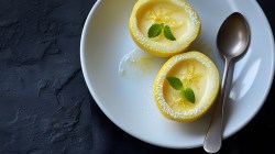 Lemon Posset in Zitronenhälften auf einem Teller.