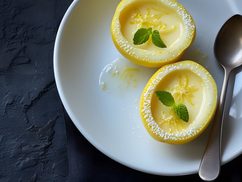Lemon Posset in Zitronenhälften auf einem Teller.