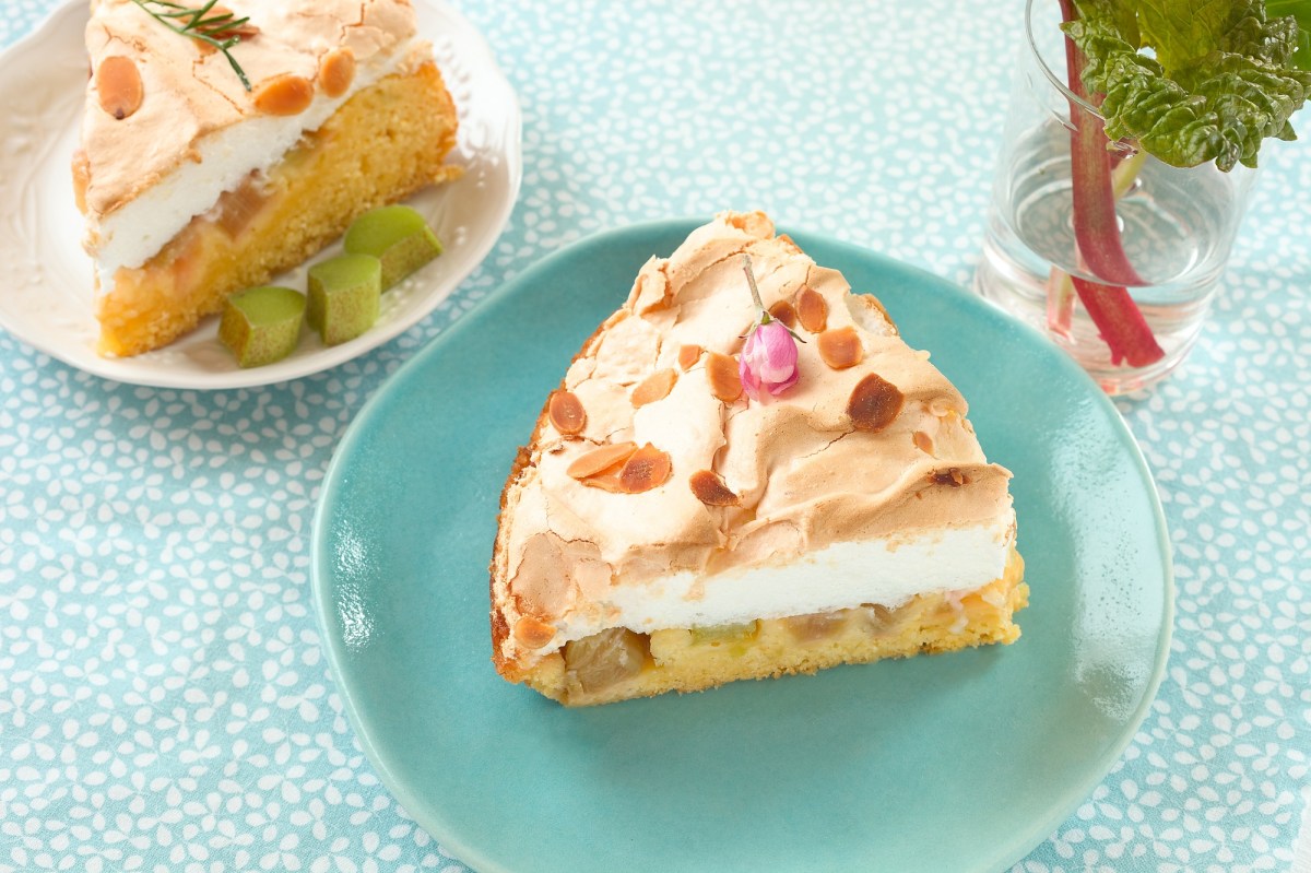 Ein Stück Schneemousse-Torte mit Rhabarber auf einem blauen Teller