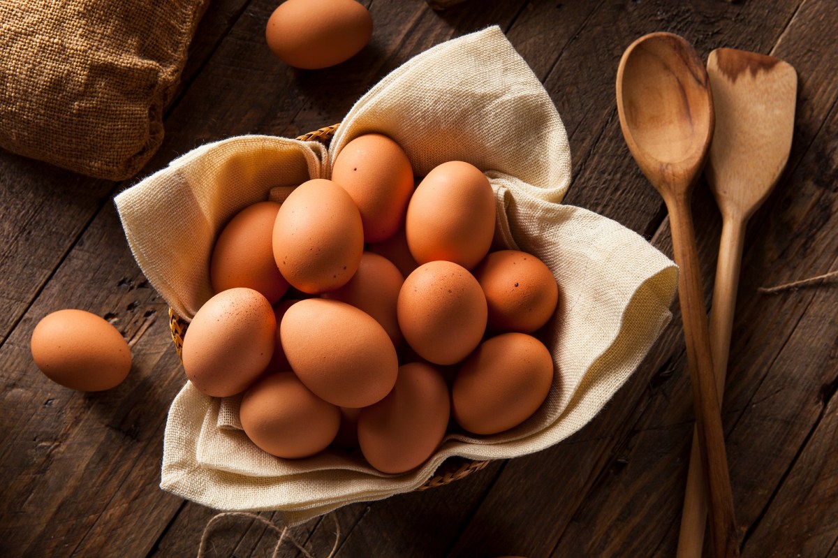 Sind Eier gesund? EIn Korb mit braunen Eiern auf einem Tuch